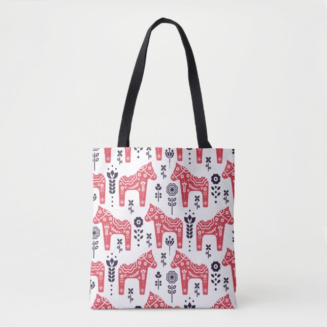 Tote Bag Folk swedish horse floral seamless pattern.  (Devant)