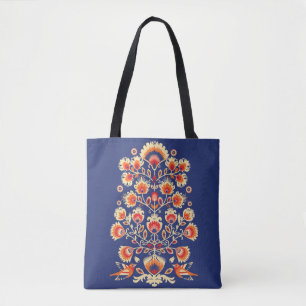 Tote Bag 💙 💛 🧡 Folklore aux fleurs jaunes et aux oiseaux