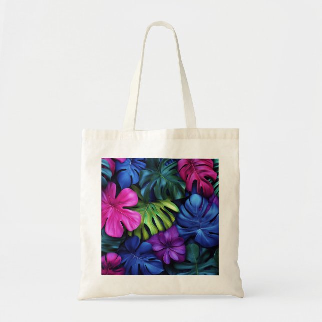 Tote Bag Fond vibrant de feuilles tropicales néon Monstera (Devant)