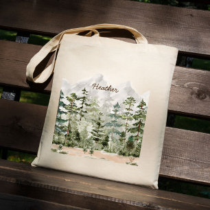 Tote Bag Forêt de pins verte aquarelle sur montagne