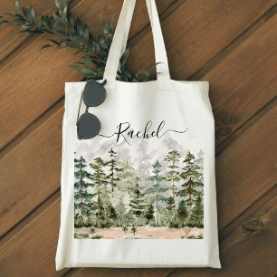 Tote Bag Forêt de pins verte sur montagne à l'aquarelle Mon