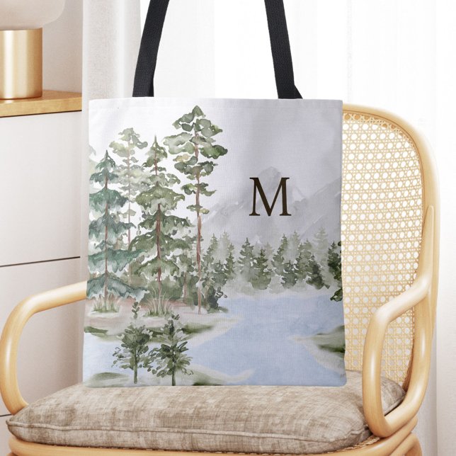 Tote Bag Forêt de pins verts et lac monogrammés (In situ)