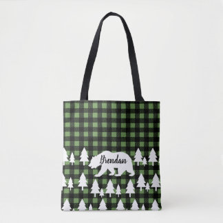 Tote Bag Forêt d'ours rustique et Plaid vert avec nom
