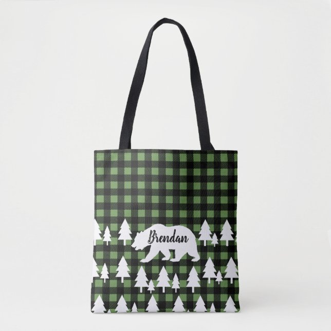 Tote Bag Forêt d'ours rustique et Plaid vert avec nom (Devant)
