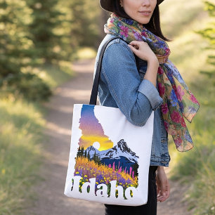 Tote Bag Forme de l'Idaho avec montagne et fleurs sauvages