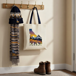 Tote Bag Forme de l'Idaho avec montagne et fleurs sauvages