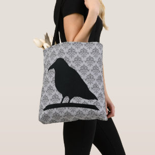 Tote Bag Forme d'oiseau corbeau noir avec fond damassé