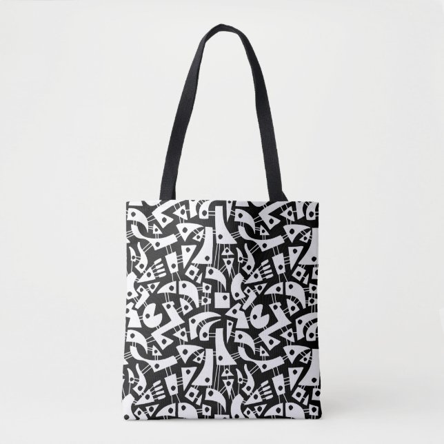 Tote Bag Formes Abstraites 180318 - Blanc sur noir (Devant)