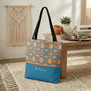 Tote Bag Formes tribales inspirées de turquoise, jaune et r