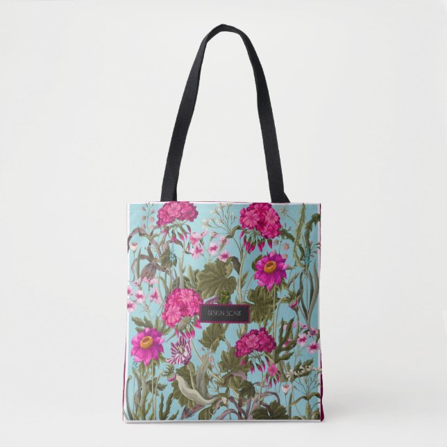 Tote Bag Foulard design avec géraniums et fleurs sauvages.  (Devant)