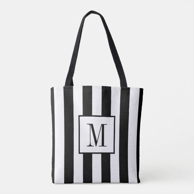 Tote Bag Fourre-tout à rayures noir et blanc monogramme (Dos)