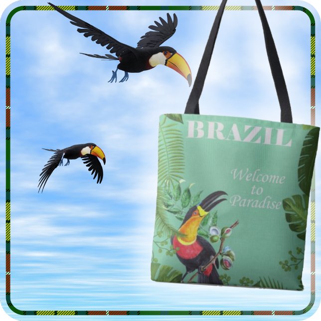 Tote Bag FOURRE-TOUT - Brésil - Bienvenue au Paradis + Touc (A beautiful Tote Bag with a colorful Toucan on each side)