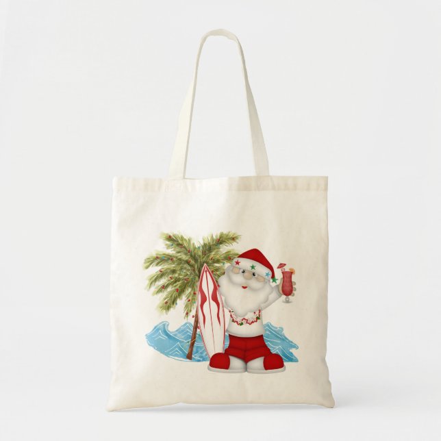 Tote Bag Fourre-tout de Noël avec Père Noël Tropical et Sur (Devant)