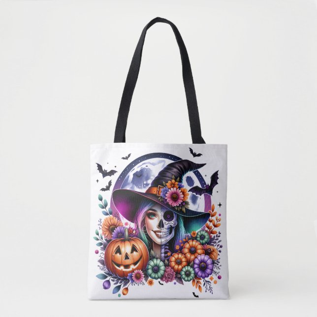 Tote Bag Fourre-tout d'Halloween avec Witch et Skeleton (Devant)