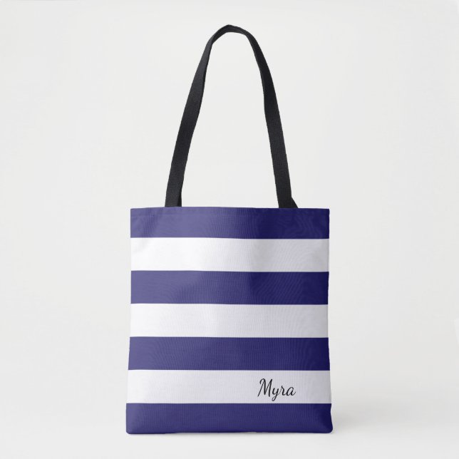 Tote Bag Fourre-tout rayé bleu et blanc de minuit (Devant)