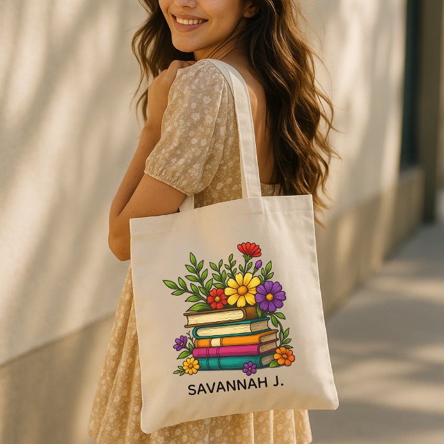 Tote Bag Fourre-tout sur mesure pour les amateurs de livres (personalized floral book bag, custom book tote, librarian gift, book lover gift, favorite shelf bag,)
