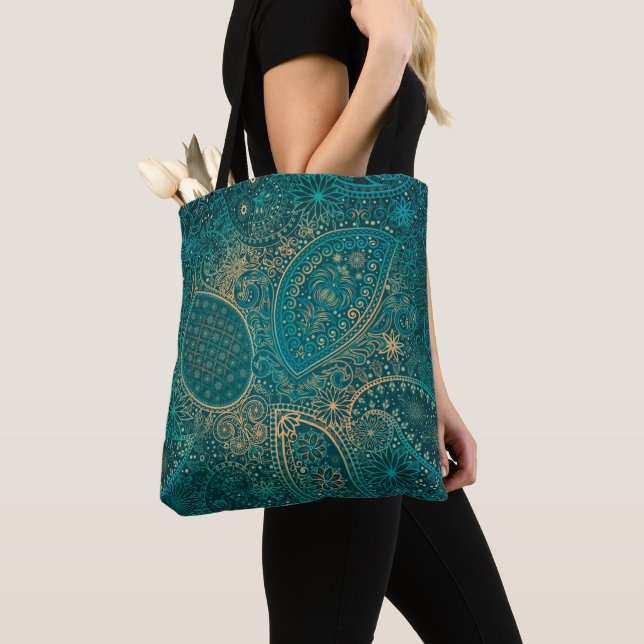 Tote Bag Fourre-tout turquoise ethnique (De près)