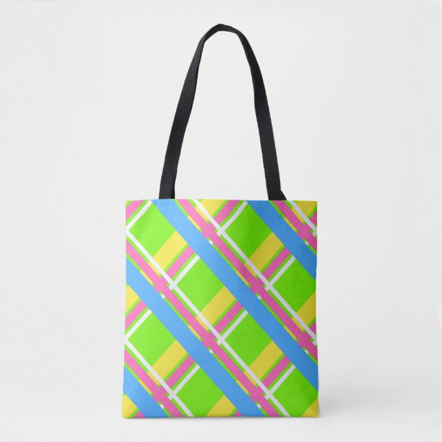 Tote Bag Fourre-tout vert clair, rose, jaune et bleu plaid (Devant)