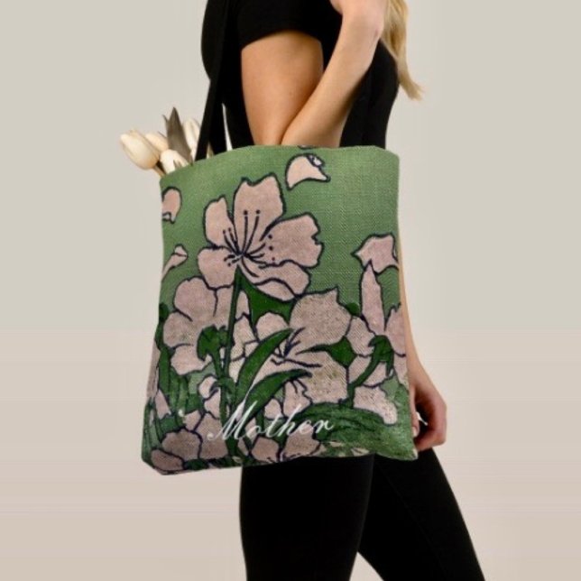 Tote Bag Fourre-tout verte en fleurs roses (Créateur téléchargé)