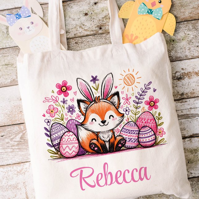 Tote Bag Fox Pâques Nom Enfants Filles Lapin (Fox Girls Easter Tote)