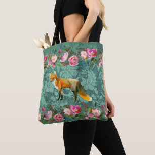 Tote Bag Fox rouge sur la copie verte de damassé avec les