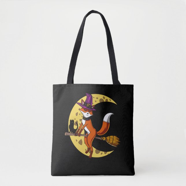 Tote Bag Fox Witch RIding A Broom Funny Halloween animal (Devant)