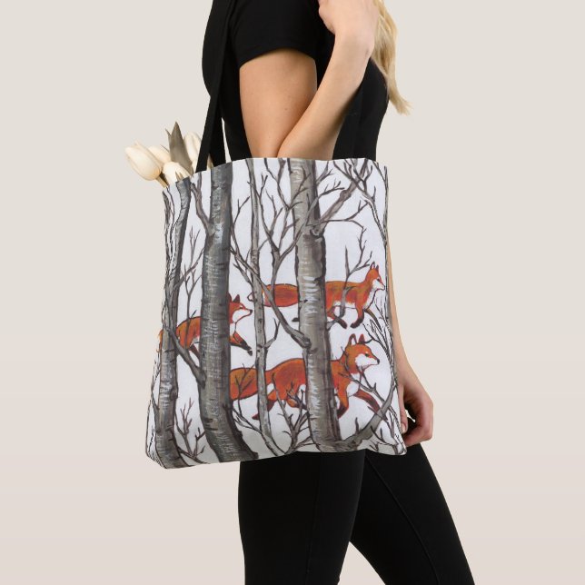 Tote Bag Fox Woods Faune Nature Arbres Neige Gris Art (De près)
