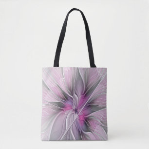 Tote Bag Fractal Floral Moderne Abstrait Fleur Rose Gris