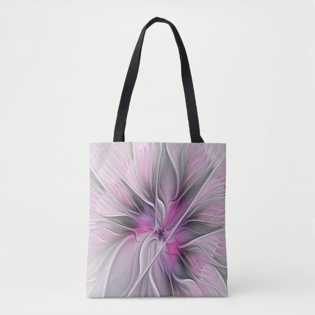 Tote Bag Fractal Floral Moderne Abstrait Fleur Rose Gris (Devant)