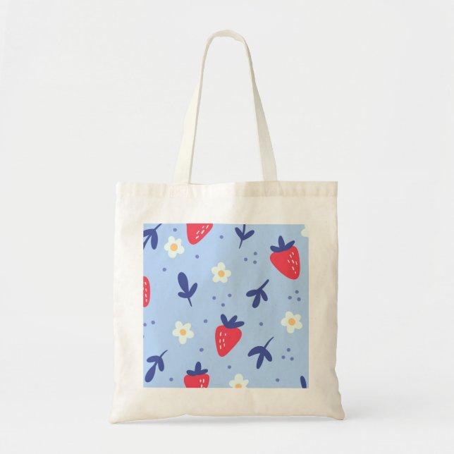 Tote Bag Fraise mignonne et Motif à fleurs printanières sur (Devant)
