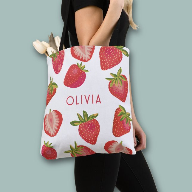 Tote Bag Fraise Nom Personnalisé (Peraonslized strawberry print all over print tote bag)