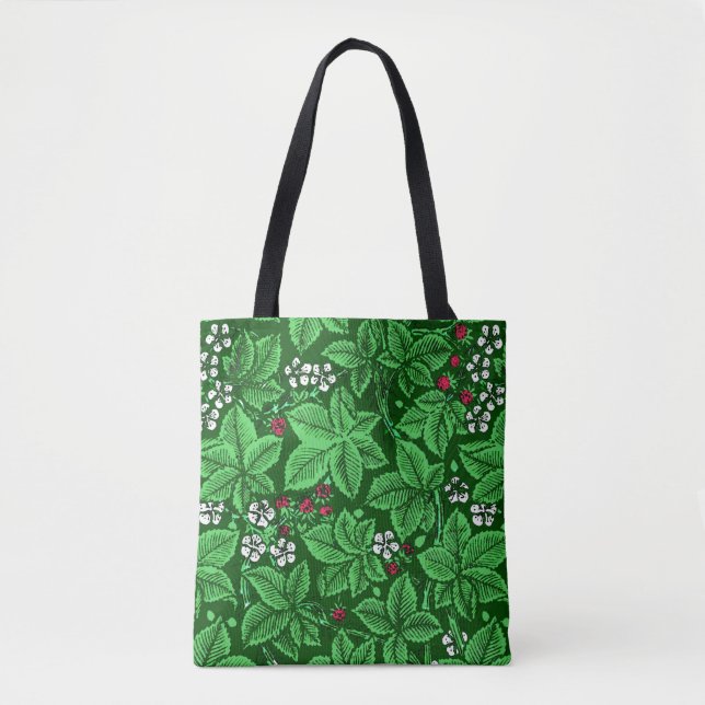 Tote Bag Fraises et Feuilles Art Nouveau, Emerald Green (Devant)