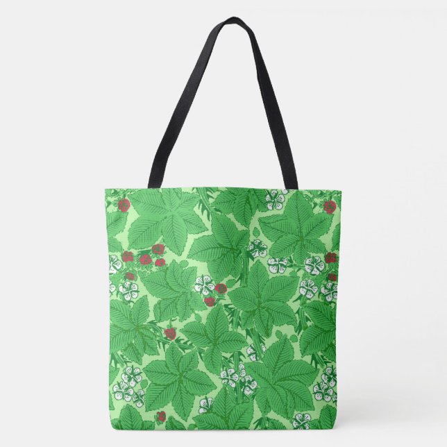 Tote Bag Fraises et Feuilles Art Nouveau, Lime Green (Devant)