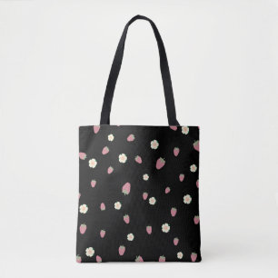 Tote Bag Fraises et fleurs Motif noir