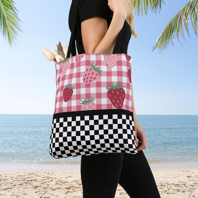 Tote Bag Fraises Fantaisistes et Damier  (Créateur téléchargé)