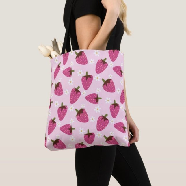 Tote Bag Fraises marguerites Flore motif Fille rose (Créateur téléchargé)