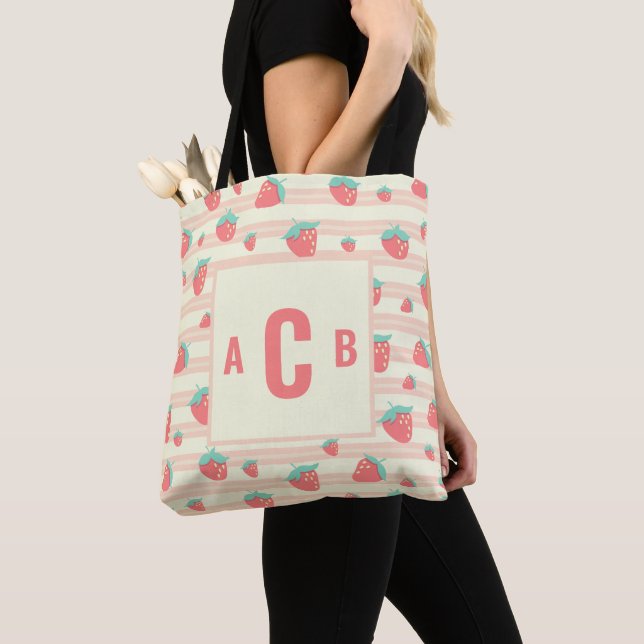 Tote Bag Fraises mignonnes monogrammes + Motif de crème (De près)