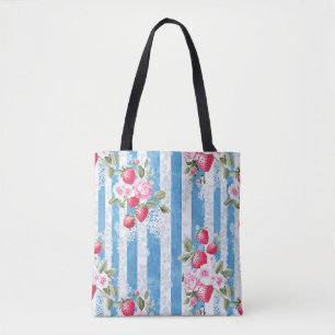 Tote Bag Fraises vintages et fleurs sur bandes bleues