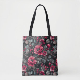 Tote Bag Framboise, fleurs bordeaux sur gris foncé