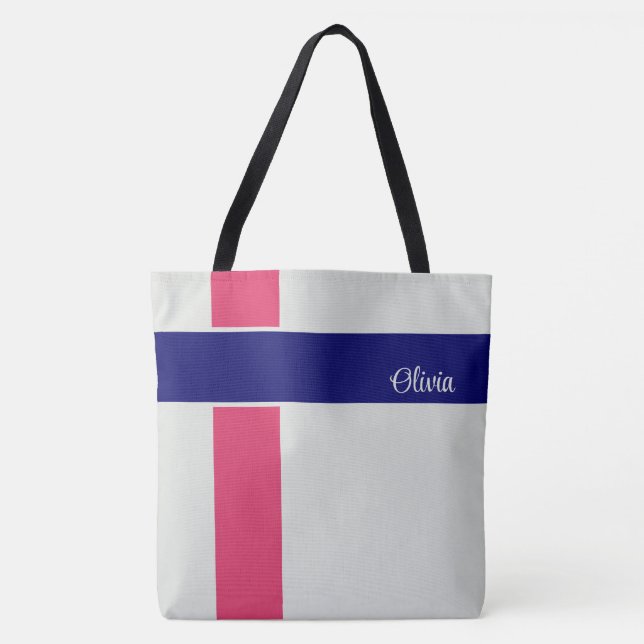 Tote Bag Framboise personnalisée Bleu foncé Bleu rayures (Devant)