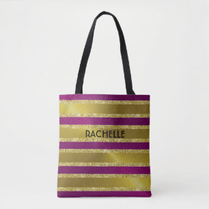 Tote Bag Framboise rose et Parties scintillant d'or rayures