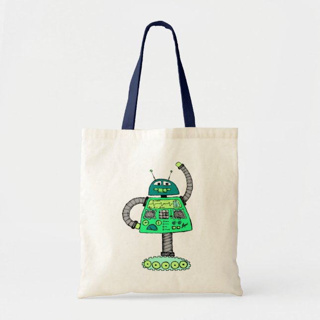 Tote Bag Frankie robot, green on white (Devant)