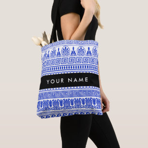 Tote Bag Fret grec, Clé de méandre mixte, Bleu, Votre Nom