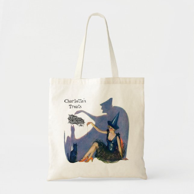 Tote Bag Friandises Halloween de sorcière et chat fantaisis (Devant)