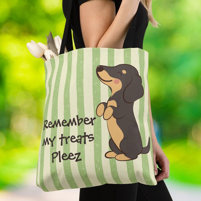 Tote Bag Friandises pour teckel Typographie à rayures verte (Créateur téléchargé)