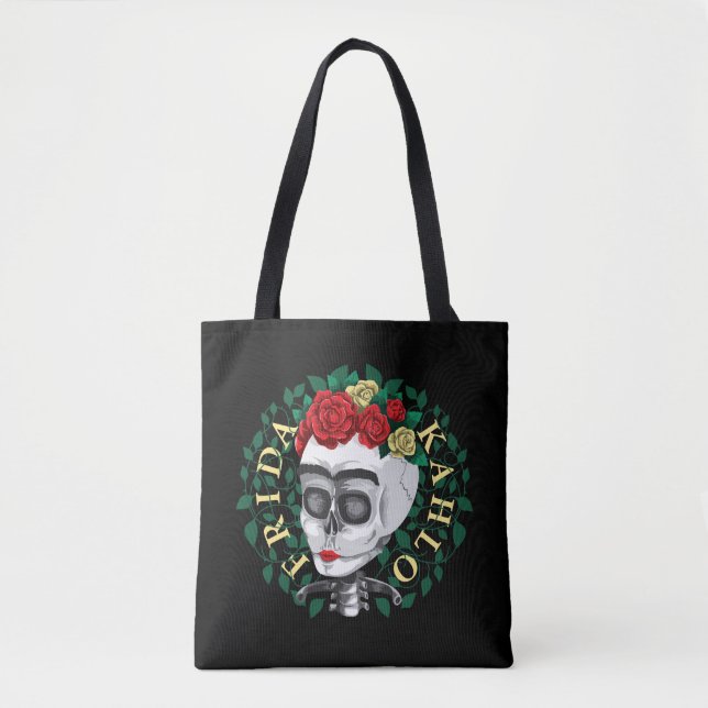 Tote Bag Frida Kahlo | Crâne avec couronne Rose (Devant)