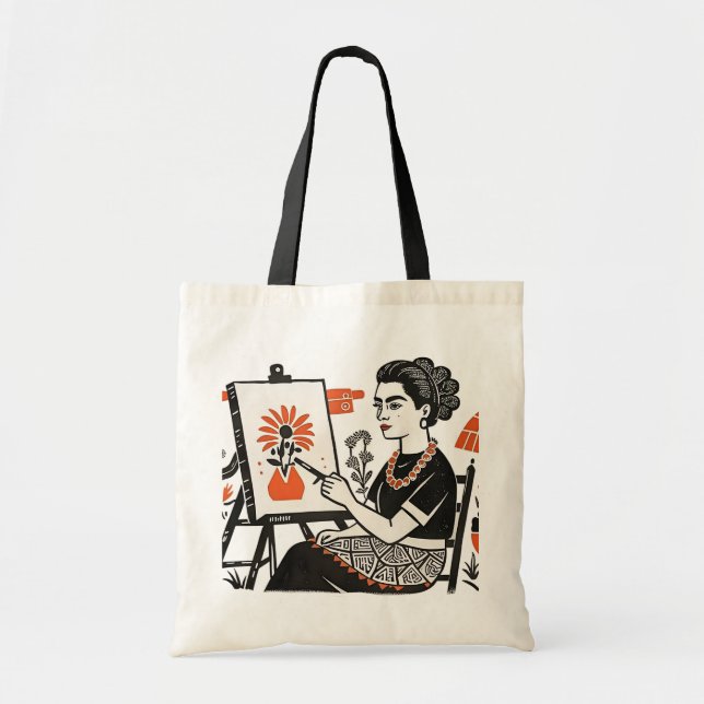 Tote Bag Frida Kahlo, tableau assis style design floral (Devant)