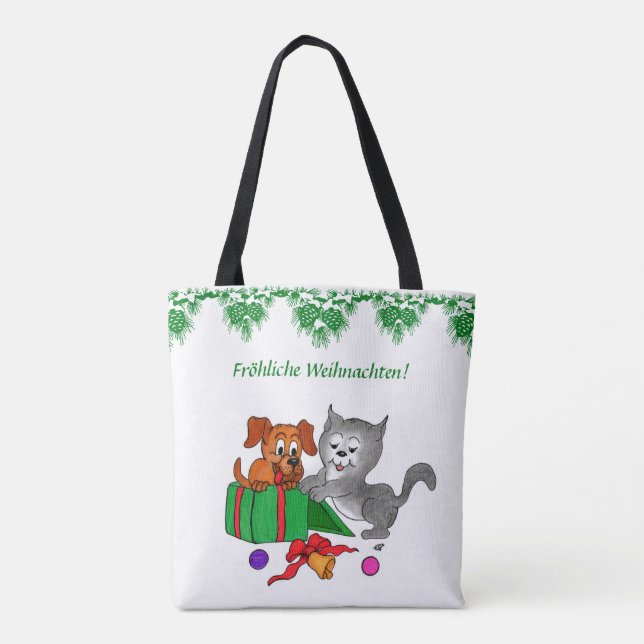 Tote Bag Fröhliche Weihnachten, Hund und Katze auf Deutsch (Dos)