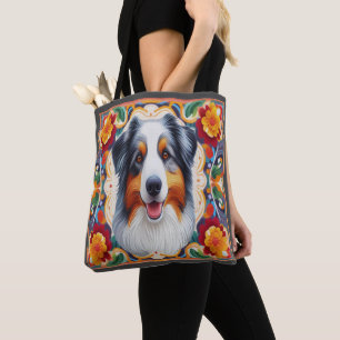 Tote Bag Frontière colorée fleurie du chien berger australi