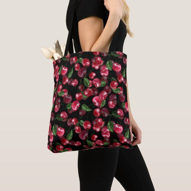 Tote Bag Fruit cerise sur noir (De près)